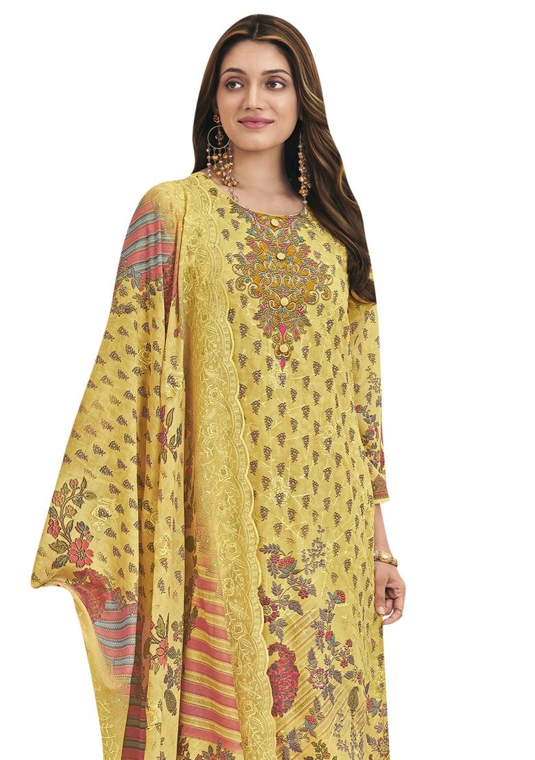 Lemon Yellow Embroidered Cotton Dress Material - Indya