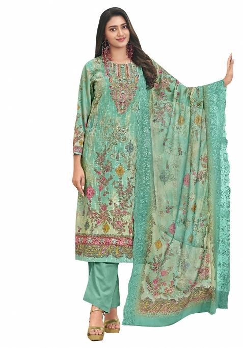 Turquoise Embroidered Cotton Dress Material