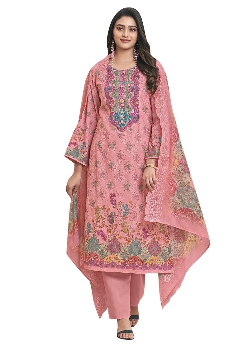 Pink Embroidered Cotton Dress Material