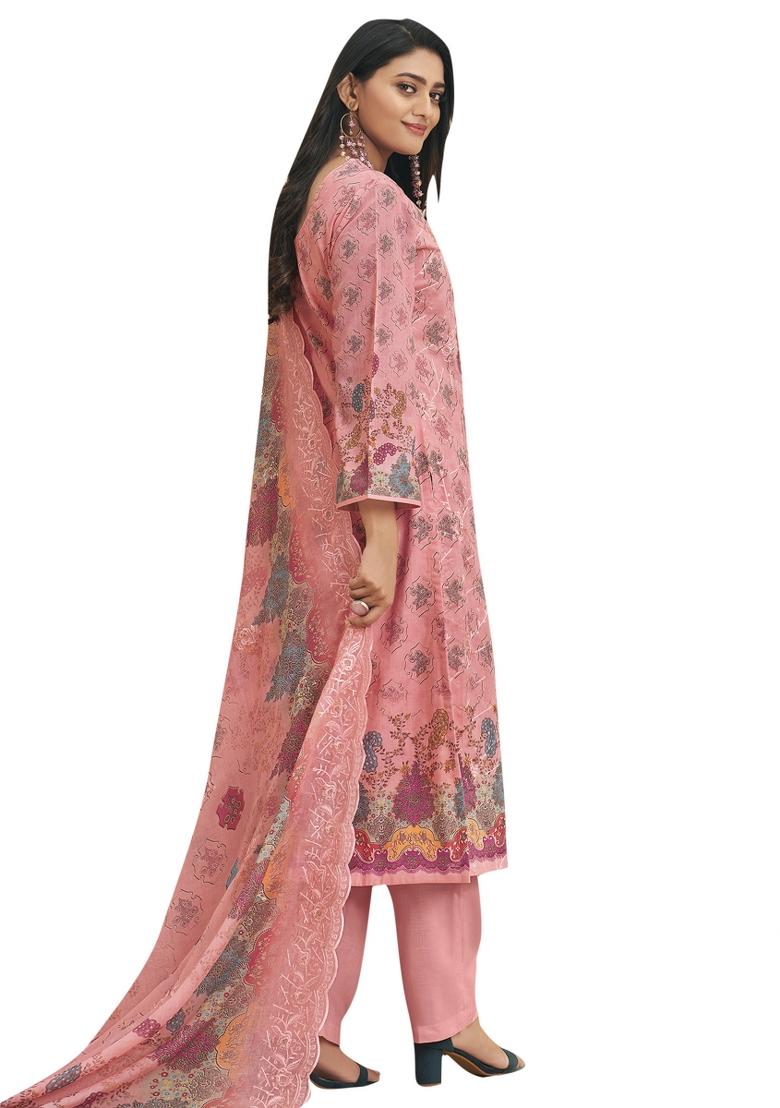 Pink Embroidered Cotton Dress Material