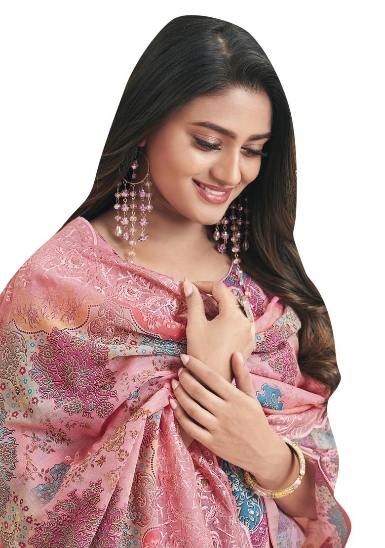 Pink Embroidered Cotton Dress Material