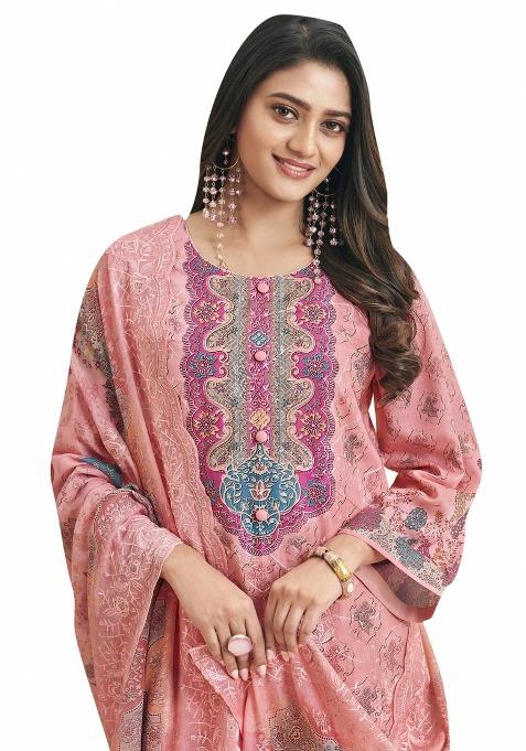 Pink Embroidered Cotton Dress Material
