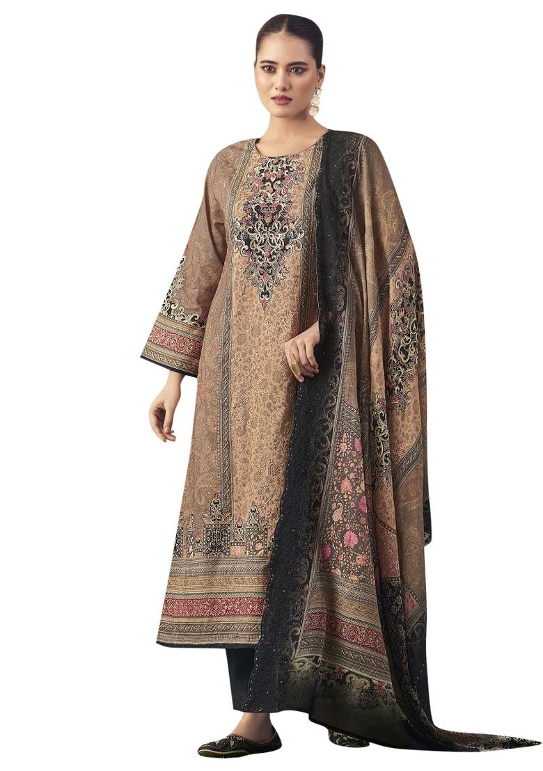 Brown Embroidered Cotton Dress Material