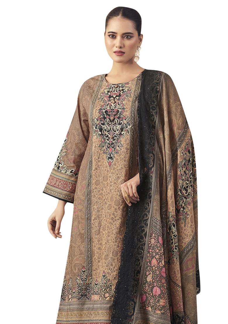 Brown Embroidered Cotton Dress Material