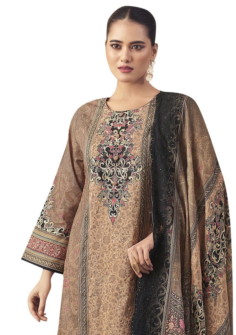 Brown Embroidered Cotton Dress Material