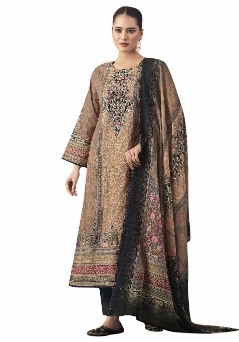 Brown Embroidered Cotton Dress Material