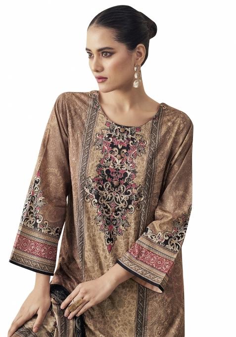 Brown Embroidered Cotton Dress Material