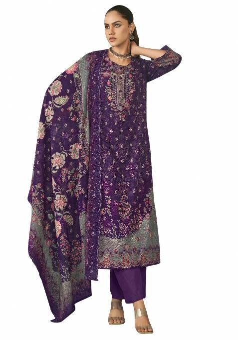 Violet Embroidered Cotton Dress Material