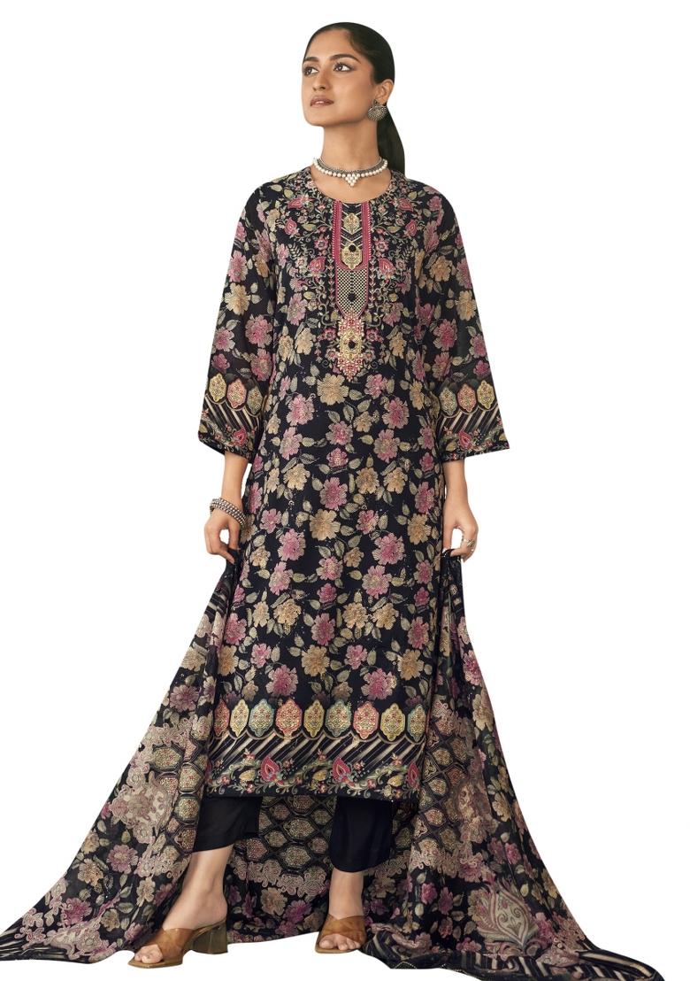 Black Embroidered Cotton Dress Material