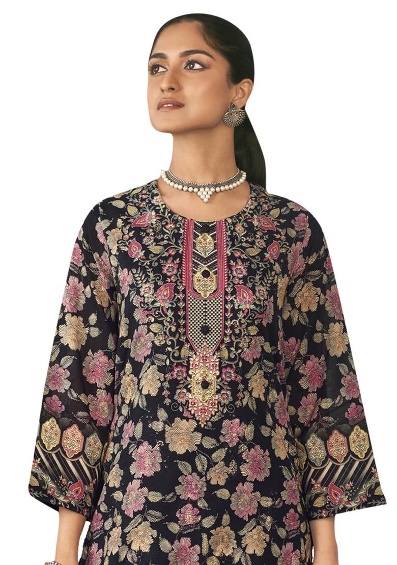 Black Embroidered Cotton Dress Material