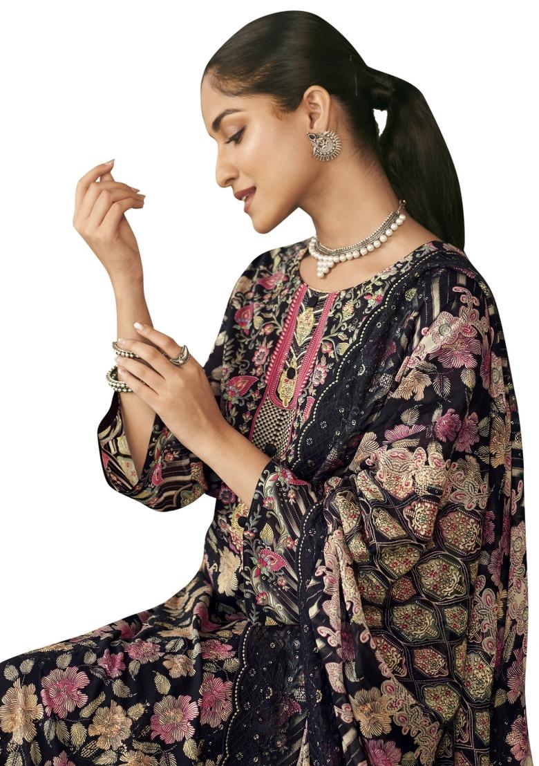 Black Embroidered Cotton Dress Material