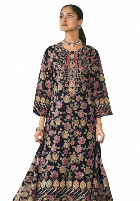 Black Embroidered Cotton Dress Material