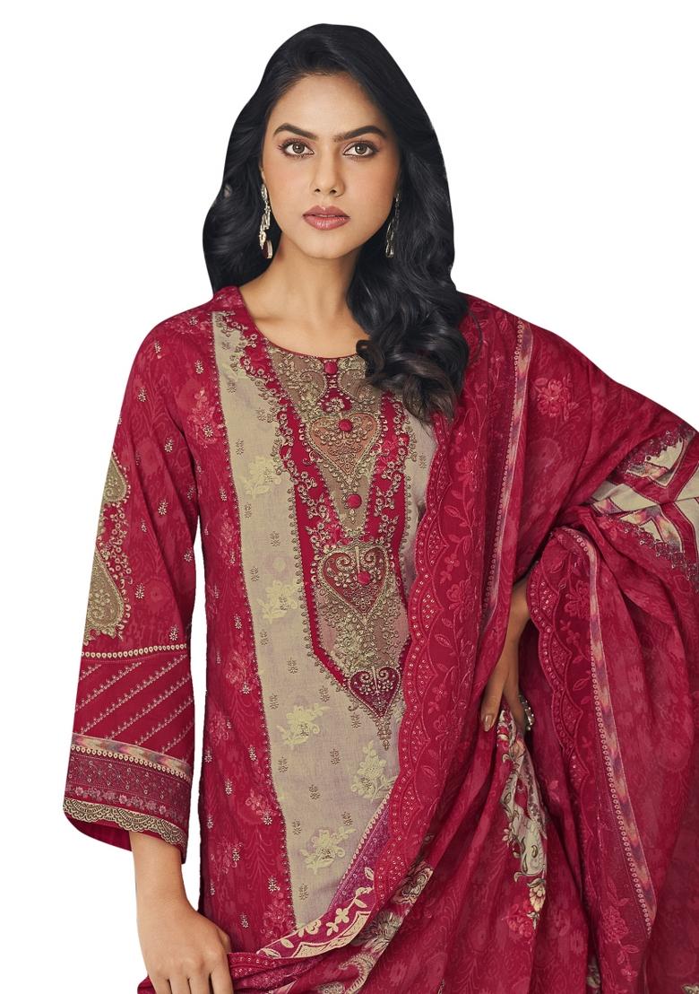 Multi Color Embroidered Cotton Dress Material - Indya