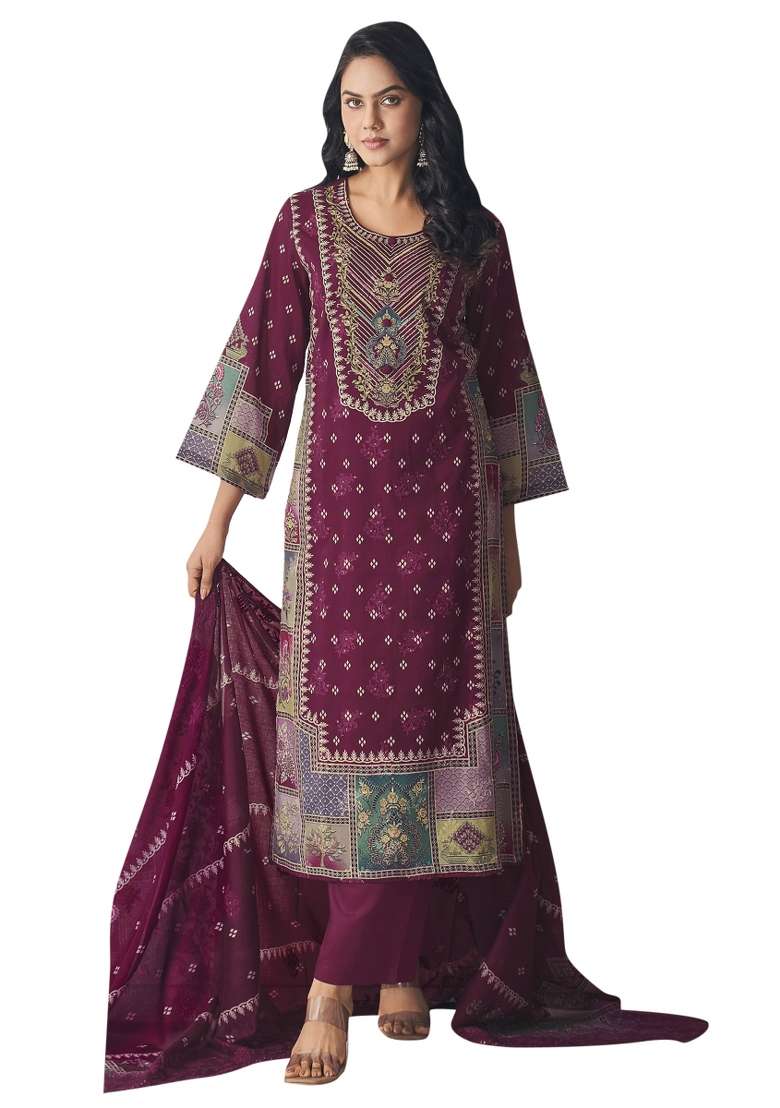Burgundy Embroidered Cotton Dress Material - Indya