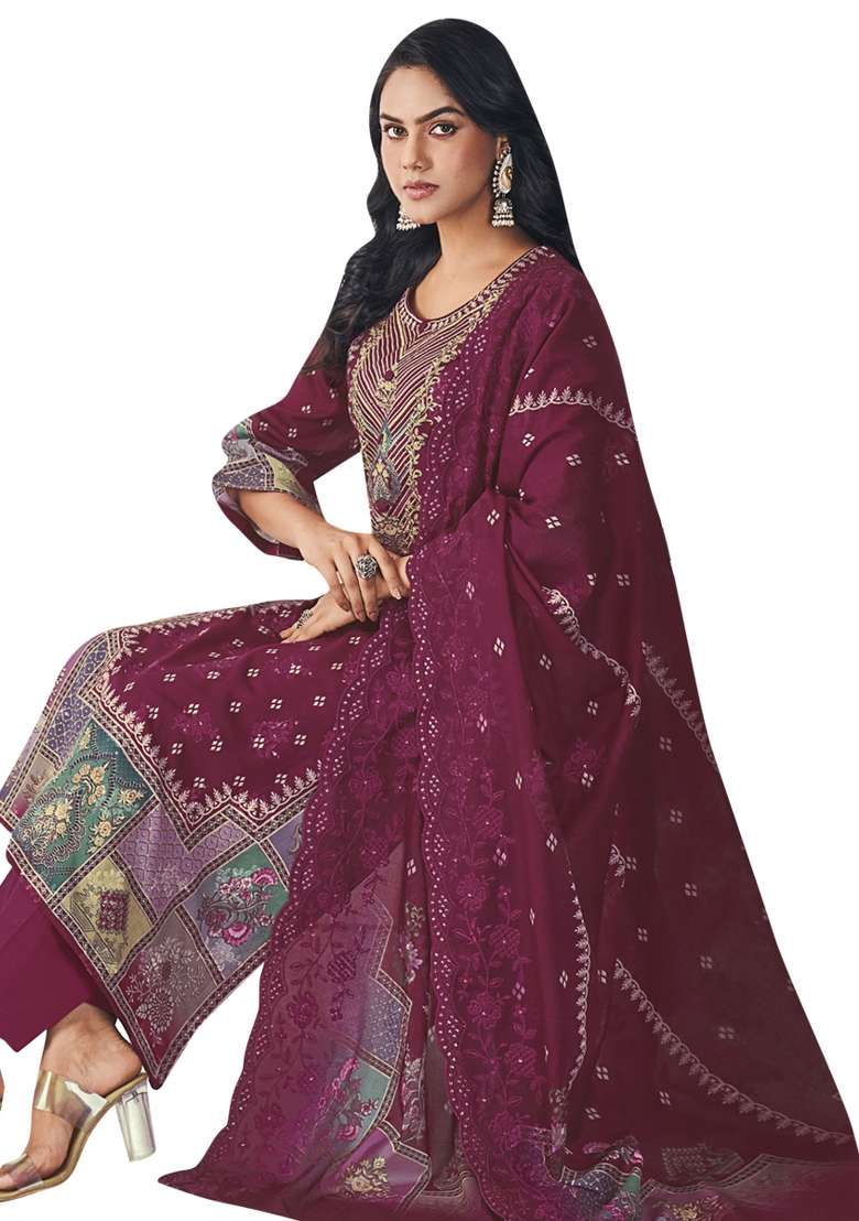 Burgundy Embroidered Cotton Dress Material - Indya