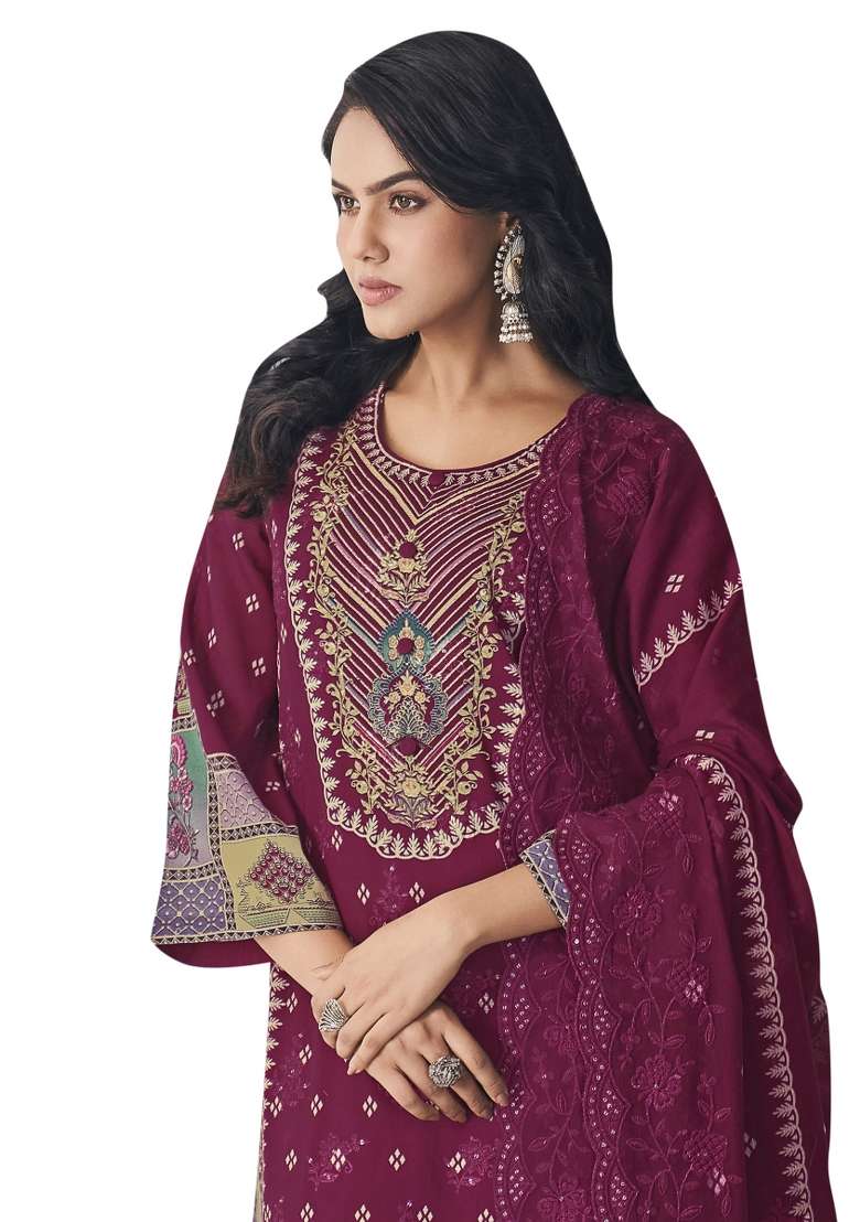 Burgundy Embroidered Cotton Dress Material - Indya