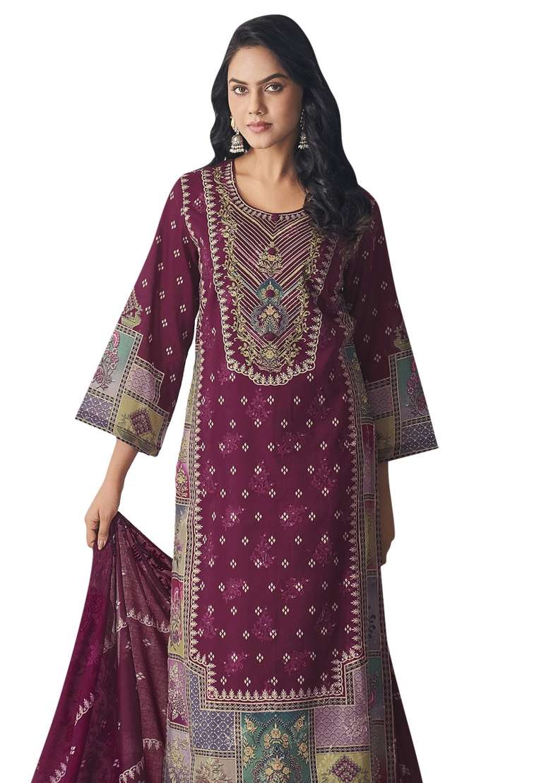 Burgundy Embroidered Cotton Dress Material - Indya
