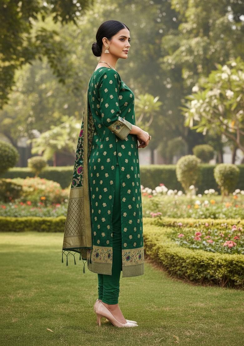Green Zari Woven Silk Dress Material - Indya