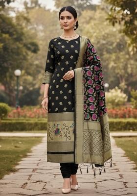 Black Zari Woven Silk Dress Material