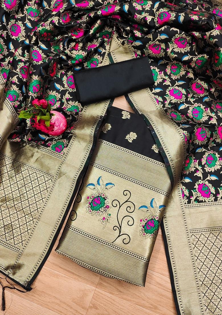 Black Zari Woven Silk Dress Material