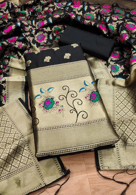 Black Zari Woven Silk Dress Material