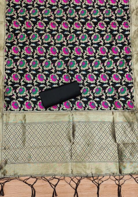 Black Zari Woven Silk Dress Material