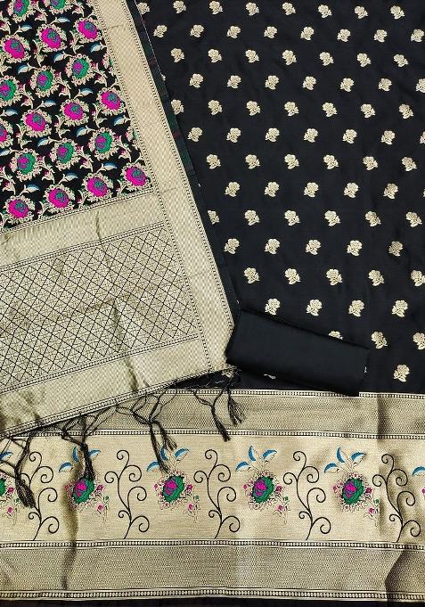 Black Zari Woven Silk Dress Material