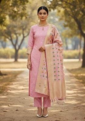Light Pink Zari Woven Silk Dress Material