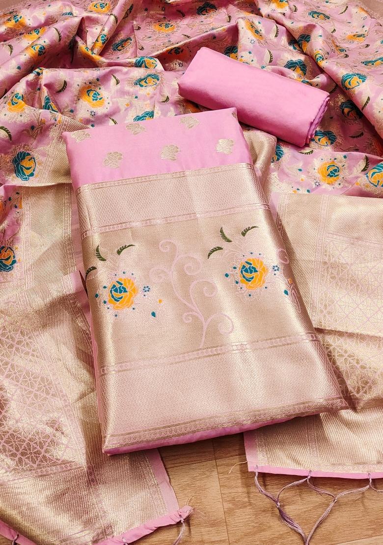 Light Pink Zari Woven Silk Dress Material