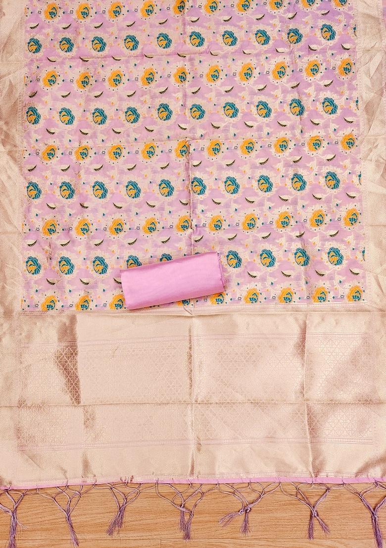 Light Pink Zari Woven Silk Dress Material