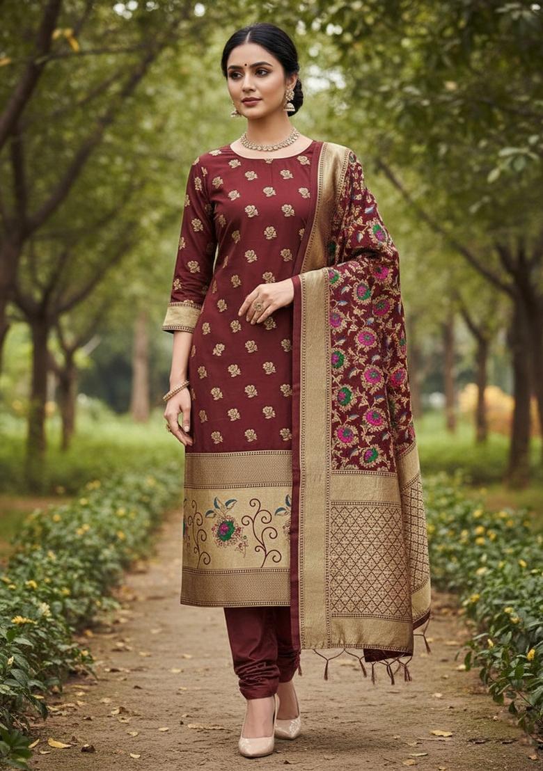 Maroon Zari Woven Silk Dress Material
