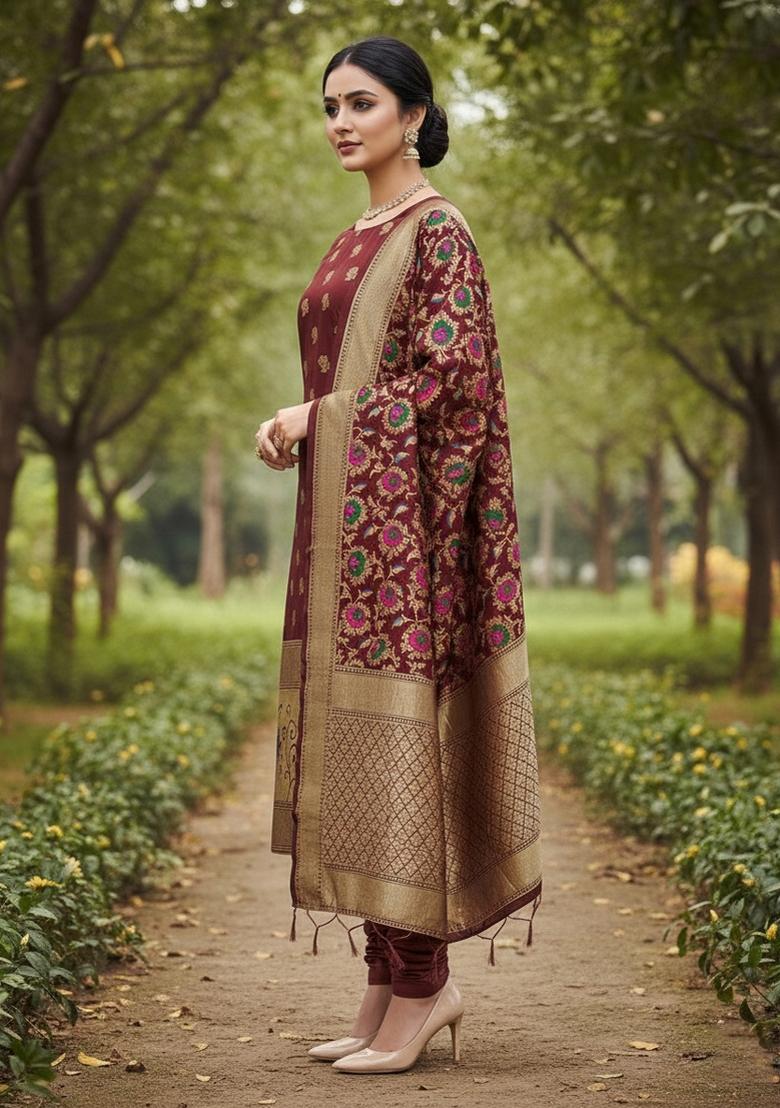 Maroon Zari Woven Silk Dress Material