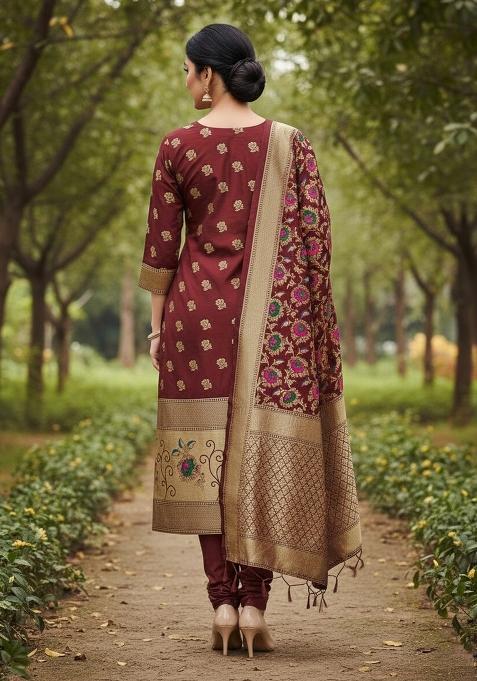 Maroon Zari Woven Silk Dress Material