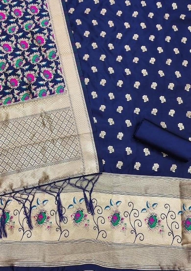 Dark Blue Zari Woven Silk Dress Material - Indya