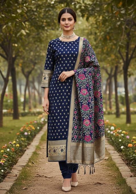 Dark Blue Zari Woven Silk Dress Material