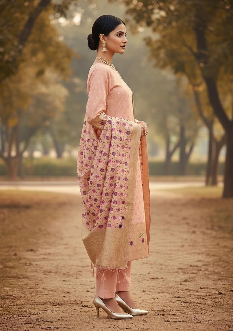 Peach Zari Woven Silk Dress Material - Indya