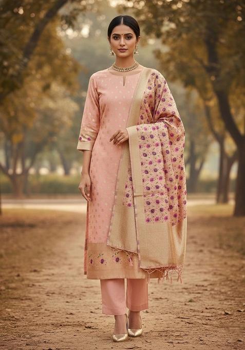 Peach Zari Woven Silk Dress Material