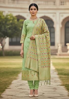 Light Green Zari Woven Silk Dress Material