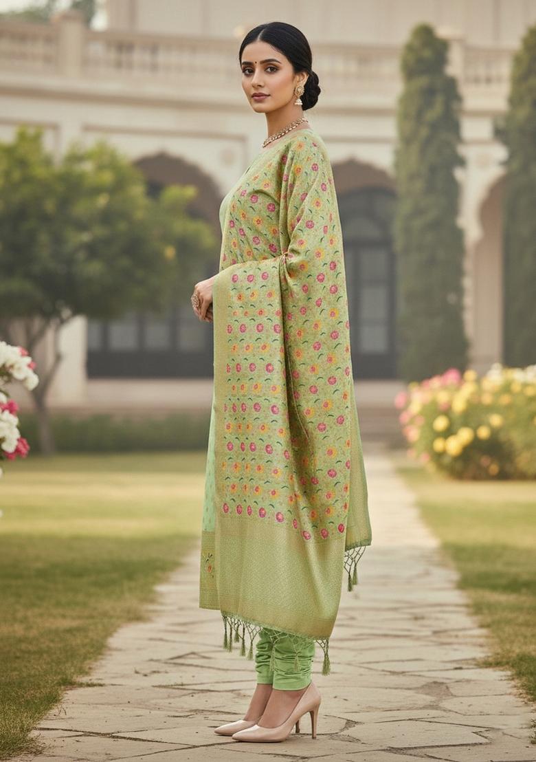 Light Green Zari Woven Silk Dress Material - Indya