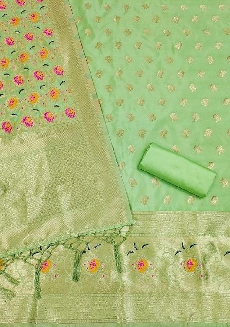 Light Green Zari Woven Silk Dress Material - Indya
