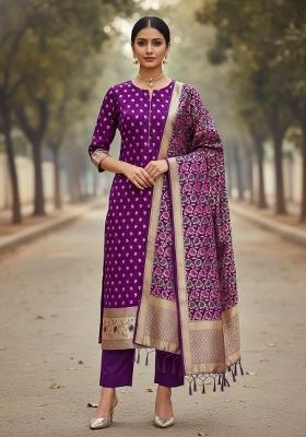 Purple Zari Woven Silk Dress Material