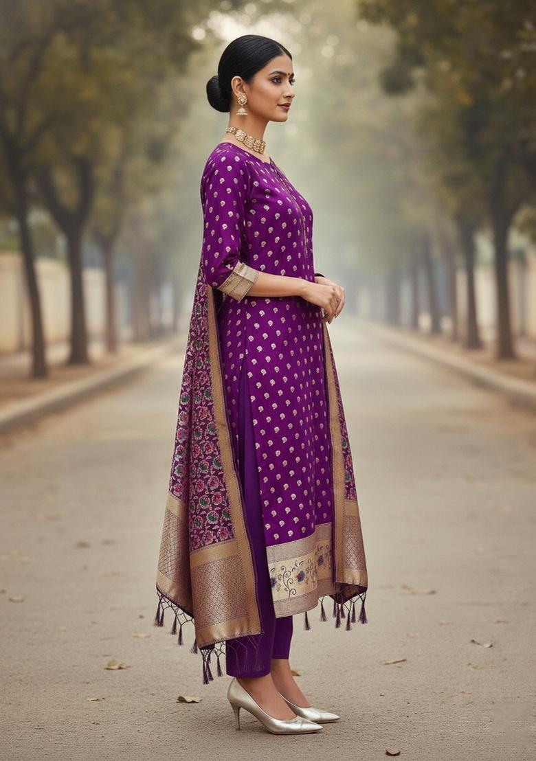 Purple Zari Woven Silk Dress Material - Indya
