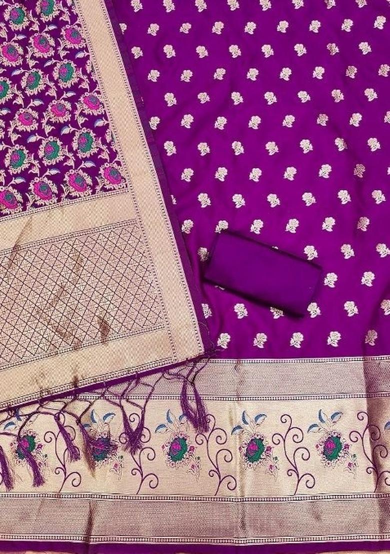 Purple Zari Woven Silk Dress Material - Indya