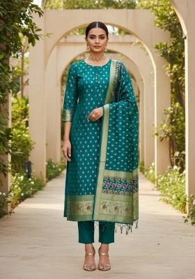 Teal Green Zari Woven Silk Dress Material
