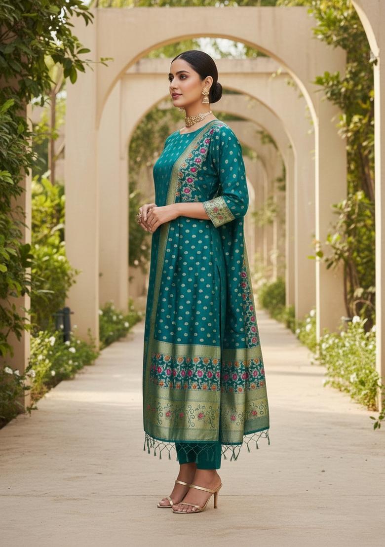 Teal Green Zari Woven Silk Dress Material - Indya