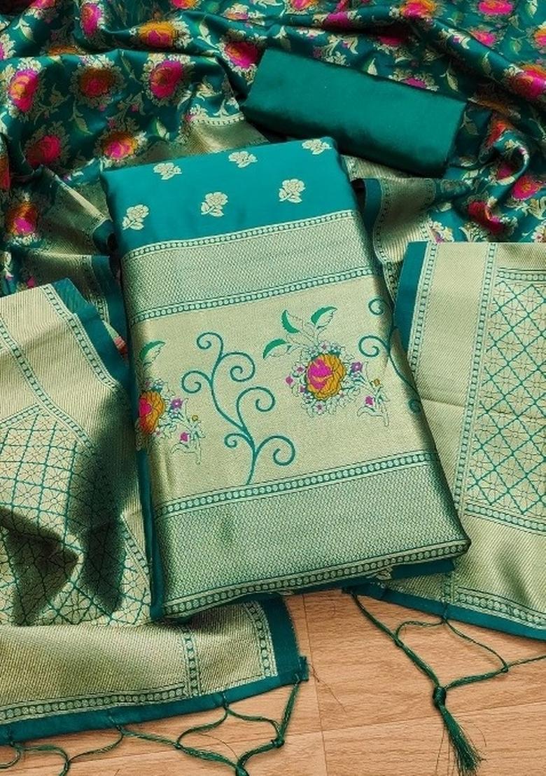 Teal Green Zari Woven Silk Dress Material - Indya