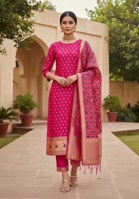 Pink Zari Woven Silk Dress Material