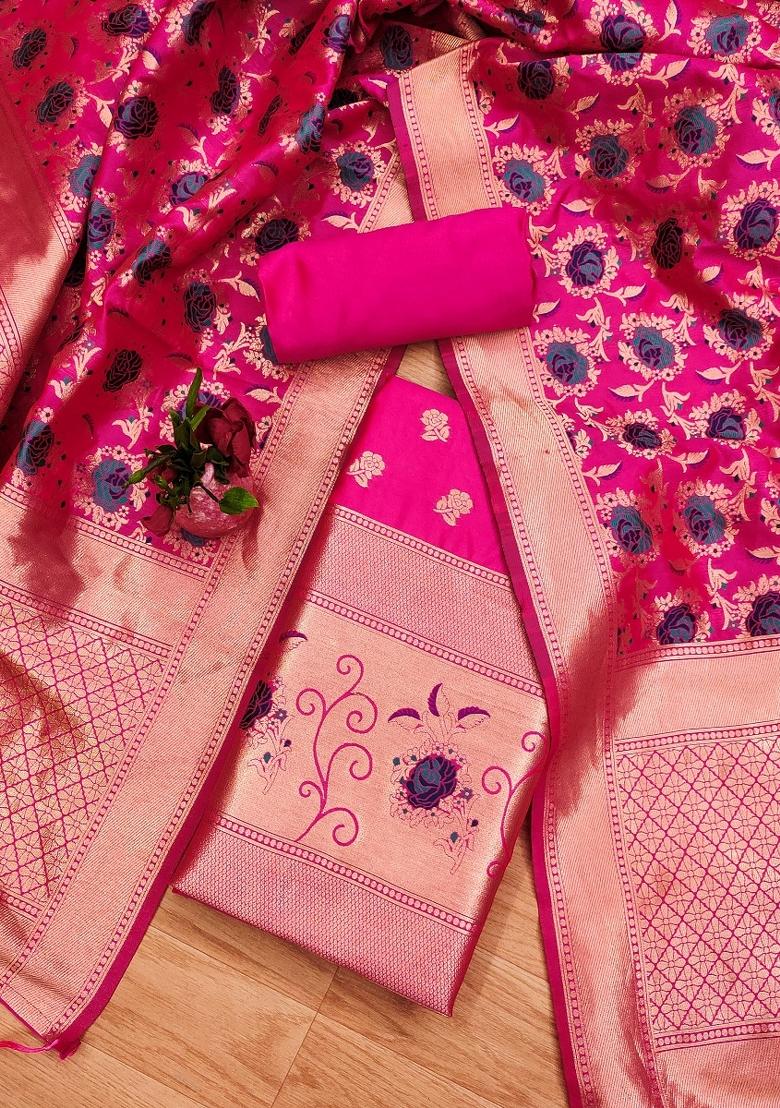 Pink Zari Woven Silk Dress Material