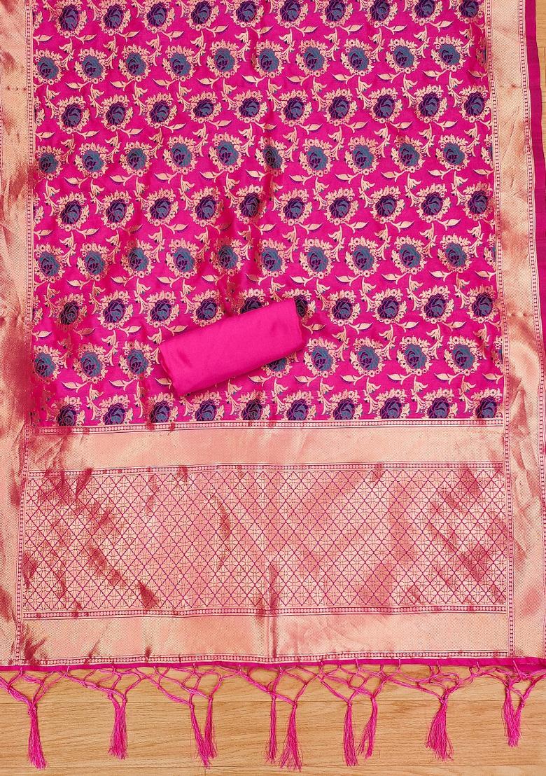 Pink Zari Woven Silk Dress Material