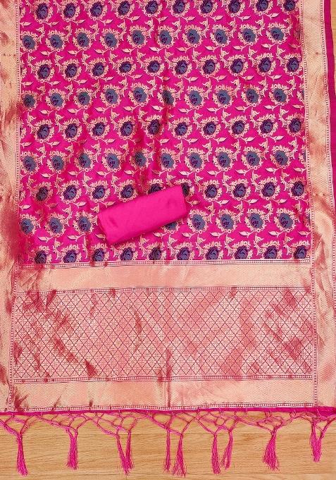 Pink Zari Woven Silk Dress Material